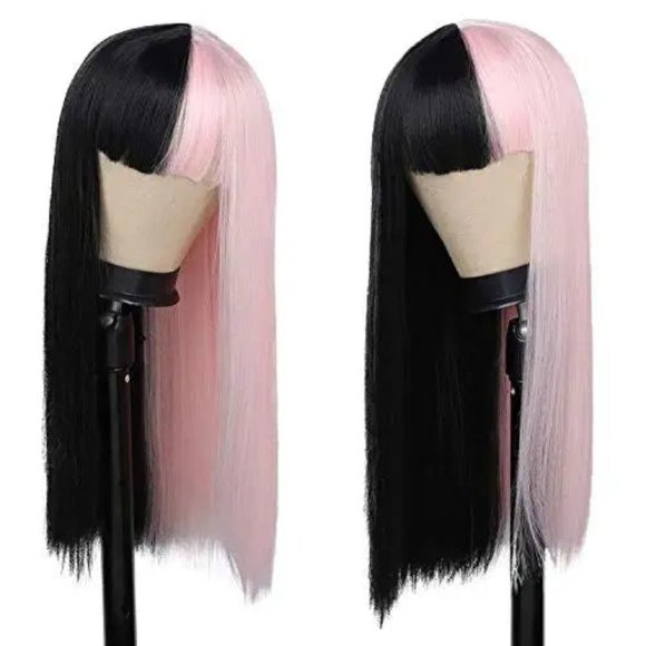 Split Dye  Half Pink and Black Cosplay Hair Wigs - Picture 1 of 4